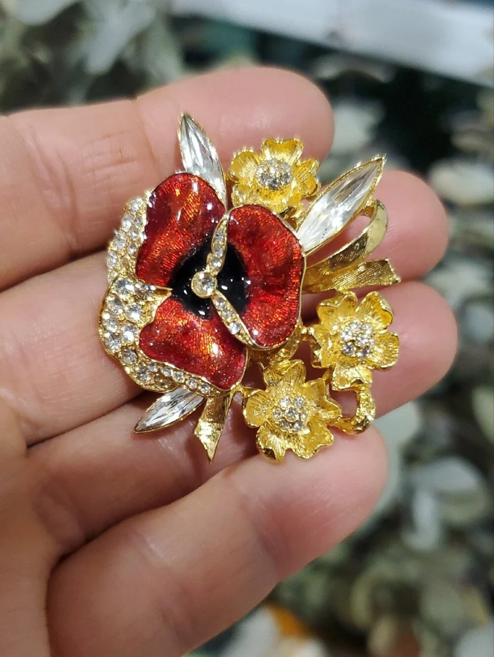 Gold-Tone Red Poppy Floral Brooch with Crystals
